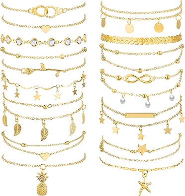 16 Pieces Ankle Bracelets 14K for Women Anklets Set Boho Beach Anklets Foot Chains Adjustable Foot Hand Jewelry Romantic Gift JL-066