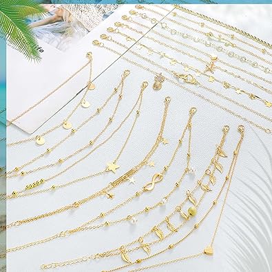 16 Pieces Ankle Bracelets 14K for Women Anklets Set Boho Beach Anklets Foot Chains Adjustable Foot Hand Jewelry Romantic Gift JL-066
