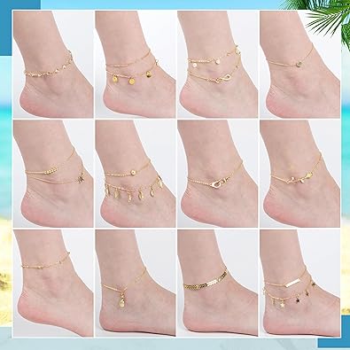 16 Pieces Ankle Bracelets 14K for Women Anklets Set Boho Beach Anklets Foot Chains Adjustable Foot Hand Jewelry Romantic Gift JL-066