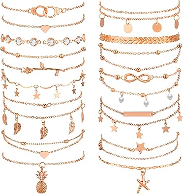 16 Pieces Ankle Bracelets 14K for Women Anklets Set Boho Beach Anklets Foot Chains Adjustable Foot Hand Jewelry Romantic Gift JL-066