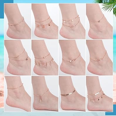 16 Pieces Ankle Bracelets 14K for Women Anklets Set Boho Beach Anklets Foot Chains Adjustable Foot Hand Jewelry Romantic Gift JL-066
