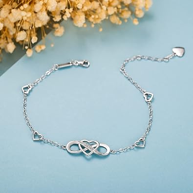 925 Sterling Silver Anklet Bracelets for Women Infinity Heart Ankle Bracelet White Gold Plated Love Charm Adjustable Large Bracelet Gifts for Women Wife Product details JL-067
