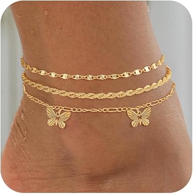 Anklets for Women, Waterproof 14K Gold/Sterling Silver Plated Ankle Bracelets for Women Layered Cuban Herringbone Chain Anklet Bracelet Set Beach Jewelry JL-068