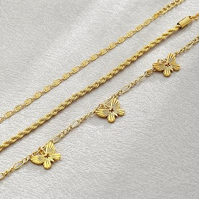 Anklets for Women, Waterproof 14K Gold/Sterling Silver Plated Ankle Bracelets for Women Layered Cuban Herringbone Chain Anklet Bracelet Set Beach Jewelry JL-068