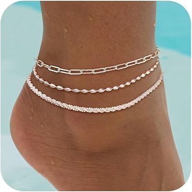 Anklets for Women, Waterproof 14K Gold/Sterling Silver Plated Ankle Bracelets for Women Layered Cuban Herringbone Chain Anklet Bracelet Set Beach Jewelry JL-068
