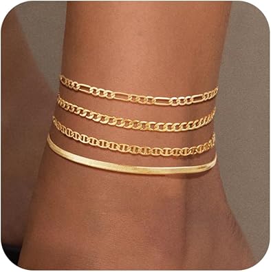 Anklets for Women, Waterproof 14K Gold/Sterling Silver Plated Ankle Bracelets for Women Layered Cuban Herringbone Chain Anklet Bracelet Set Beach Jewelry JL-068