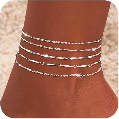 Anklets for Women, Waterproof 14K Gold/Sterling Silver Plated Ankle Bracelets for Women Layered Cuban Herringbone Chain Anklet Bracelet Set Beach Jewelry JL-068
