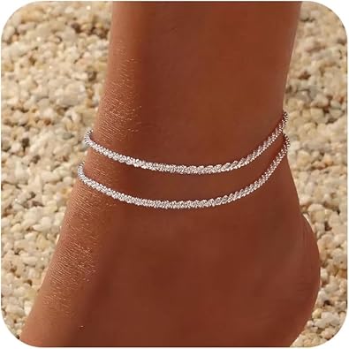 Sterling Silver Plated Ankle Bracelets for Women, Dainty Layered Waterproof Anklet for Women Adjustable Sparkly Herringbone Beaded Rope Chain Set Stackable Cute Summer Beach Jewelry Gift JL-070