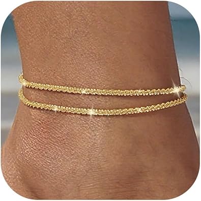 Sterling Silver Plated Ankle Bracelets for Women, Dainty Layered Waterproof Anklet for Women Adjustable Sparkly Herringbone Beaded Rope Chain Set Stackable Cute Summer Beach Jewelry Gift JL-070