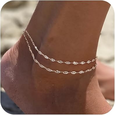 Sterling Silver Plated Ankle Bracelets for Women, Dainty Layered Waterproof Anklet for Women Adjustable Sparkly Herringbone Beaded Rope Chain Set Stackable Cute Summer Beach Jewelry Gift JL-070