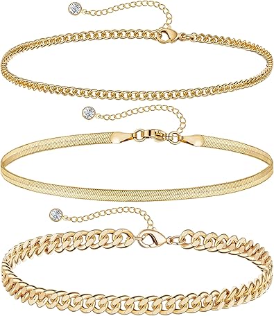 14K Gold Plated Ankle Bracelets Set for Women Waterproof, Anklets for Women Cuban Link Layered Pack Jewelry Gift JL-071