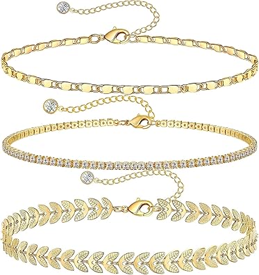 14K Gold Plated Ankle Bracelets Set for Women Waterproof, Anklets for Women Cuban Link Layered Pack Jewelry Gift JL-071