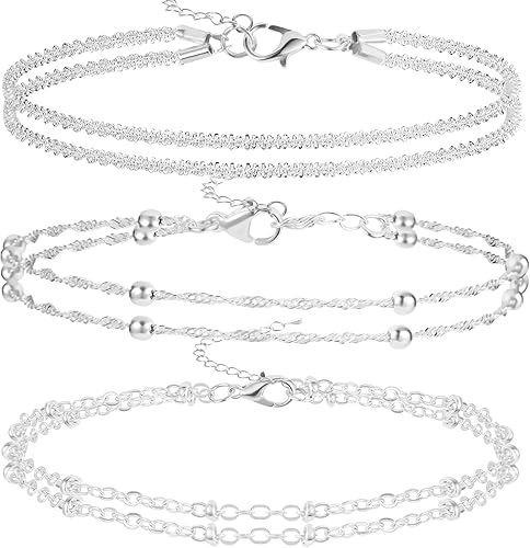 3 Pcs Sterling Silver Layered Anklets Set for Women, Hypoallergenic Double-Layer Adjustable Waterproof Ankle Bracelets, Non-Tarnish Dainty Silver Anklets for Summer Jewelry Gifts JL-072