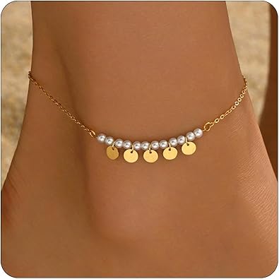 Anklet Bracelets for Women 18K Gold Plated Tennis Anklets Dainty Sapphire Paperclip Pearl Sequin Droplet Adjustable Large Anklet Bracelets Simple Beach Summer Waterproof Foot Jewelry JL-073