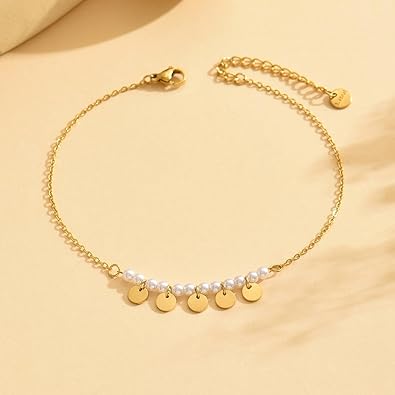 Anklet Bracelets for Women 18K Gold Plated Tennis Anklets Dainty Sapphire Paperclip Pearl Sequin Droplet Adjustable Large Anklet Bracelets Simple Beach Summer Waterproof Foot Jewelry JL-073