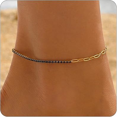 Anklet Bracelets for Women 18K Gold Plated Tennis Anklets Dainty Sapphire Paperclip Pearl Sequin Droplet Adjustable Large Anklet Bracelets Simple Beach Summer Waterproof Foot Jewelry JL-073