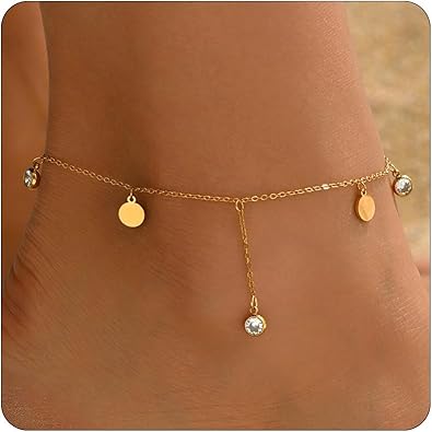 Anklet Bracelets for Women 18K Gold Plated Tennis Anklets Dainty Sapphire Paperclip Pearl Sequin Droplet Adjustable Large Anklet Bracelets Simple Beach Summer Waterproof Foot Jewelry JL-073