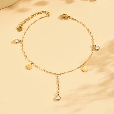 Anklet Bracelets for Women 18K Gold Plated Tennis Anklets Dainty Sapphire Paperclip Pearl Sequin Droplet Adjustable Large Anklet Bracelets Simple Beach Summer Waterproof Foot Jewelry JL-073
