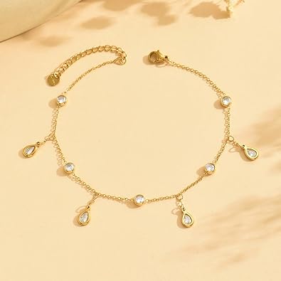 Anklet Bracelets for Women 18K Gold Plated Tennis Anklets Dainty Sapphire Paperclip Pearl Sequin Droplet Adjustable Large Anklet Bracelets Simple Beach Summer Waterproof Foot Jewelry JL-073