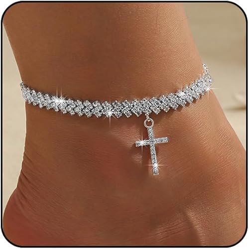 Ankle Bracelets for Women Cross Heart Anklets for Women Waterproof Large Ankle Tennis Rhinestone Anklet Plus Size Anklets for Women Big Ankles Beach Summer Foot Jewelry JL-074