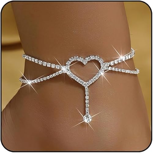 Ankle Bracelets for Women Cross Heart Anklets for Women Waterproof Large Ankle Tennis Rhinestone Anklet Plus Size Anklets for Women Big Ankles Beach Summer Foot Jewelry JL-074
