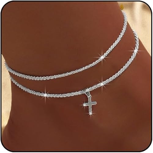 Ankle Bracelets for Women Cross Heart Anklets for Women Waterproof Large Ankle Tennis Rhinestone Anklet Plus Size Anklets for Women Big Ankles Beach Summer Foot Jewelry JL-074