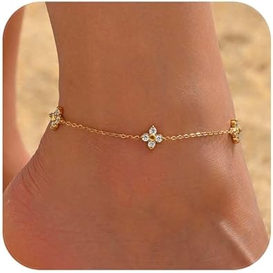 18K Gold Plated Diamond Ankle Bracelets for Women Waterproof Gold CZ Pearl Bow Link Chain Anklets Non Tarnish Summer Beach Foot Jewelry Gifts JL-076