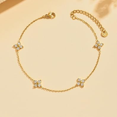 18K Gold Plated Diamond Ankle Bracelets for Women Waterproof Gold CZ Pearl Bow Link Chain Anklets Non Tarnish Summer Beach Foot Jewelry Gifts JL-076