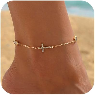 18K Gold Plated Diamond Ankle Bracelets for Women Waterproof Gold CZ Pearl Bow Link Chain Anklets Non Tarnish Summer Beach Foot Jewelry Gifts JL-076