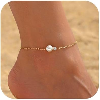 18K Gold Plated Diamond Ankle Bracelets for Women Waterproof Gold CZ Pearl Bow Link Chain Anklets Non Tarnish Summer Beach Foot Jewelry Gifts JL-076
