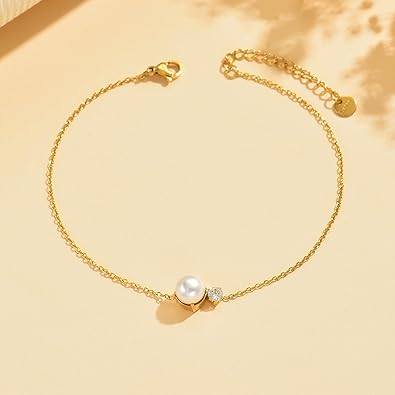18K Gold Plated Diamond Ankle Bracelets for Women Waterproof Gold CZ Pearl Bow Link Chain Anklets Non Tarnish Summer Beach Foot Jewelry Gifts JL-076