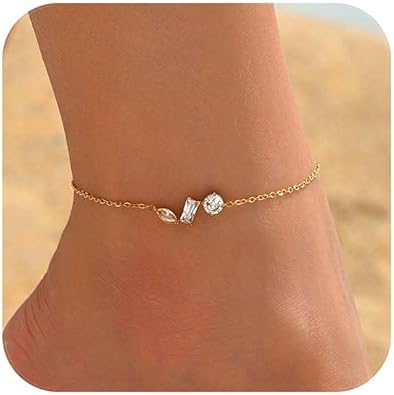 18K Gold Plated Diamond Ankle Bracelets for Women Waterproof Gold CZ Pearl Bow Link Chain Anklets Non Tarnish Summer Beach Foot Jewelry Gifts JL-076
