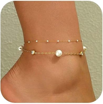 18K Gold Plated Diamond Ankle Bracelets for Women Waterproof Gold CZ Pearl Bow Link Chain Anklets Non Tarnish Summer Beach Foot Jewelry Gifts JL-076