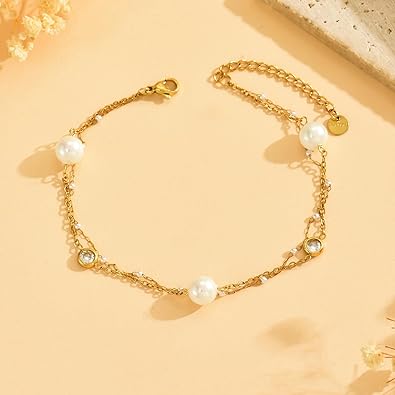 18K Gold Plated Diamond Ankle Bracelets for Women Waterproof Gold CZ Pearl Bow Link Chain Anklets Non Tarnish Summer Beach Foot Jewelry Gifts JL-076