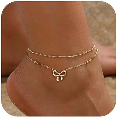18K Gold Plated Diamond Ankle Bracelets for Women Waterproof Gold CZ Pearl Bow Link Chain Anklets Non Tarnish Summer Beach Foot Jewelry Gifts JL-076