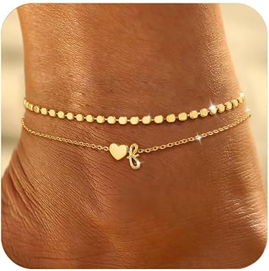 Initial Ankle Bracelets for Women Waterproof 14K Gold Plated Layered Anklets for Women Non Tarnish Dainty Heart Letter A-Z Ankle Bracelets Handmade Adjustable Summer Beach Gold Anklet Jewelry JL-077