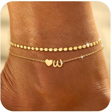 Initial Ankle Bracelets for Women Waterproof 14K Gold Plated Layered Anklets for Women Non Tarnish Dainty Heart Letter A-Z Ankle Bracelets Handmade Adjustable Summer Beach Gold Anklet Jewelry JL-077