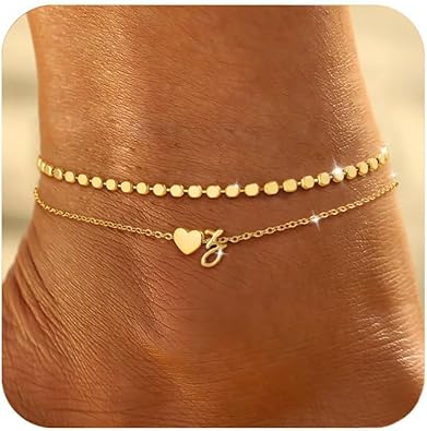 Initial Ankle Bracelets for Women Waterproof 14K Gold Plated Layered Anklets for Women Non Tarnish Dainty Heart Letter A-Z Ankle Bracelets Handmade Adjustable Summer Beach Gold Anklet Jewelry JL-077