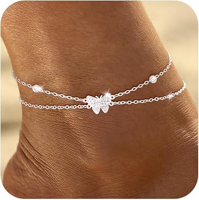 Gold/Silver Anklets for Women Trendy, Infinity/Heart/Butterfly Layered Anklets Summer Beach Waterproof Jewelry Shining Dainty Beaded Chain Bracelets Gifts JL-080