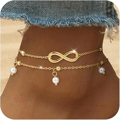 Gold/Silver Anklets for Women Trendy, Infinity/Heart/Butterfly Layered Anklets Summer Beach Waterproof Jewelry Shining Dainty Beaded Chain Bracelets Gifts JL-080