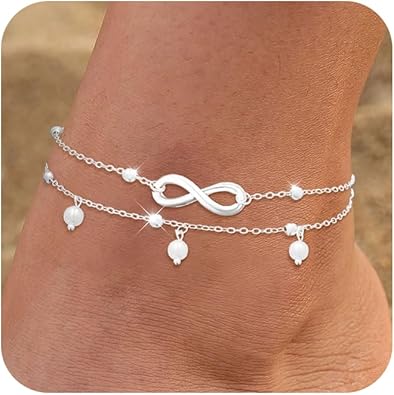 Gold/Silver Anklets for Women Trendy, Infinity/Heart/Butterfly Layered Anklets Summer Beach Waterproof Jewelry Shining Dainty Beaded Chain Bracelets Gifts JL-080