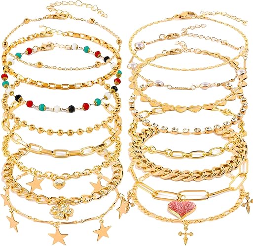 16 Pcs Gold/Silver Anklet Bracelets for Women Cuban Chain Heart-shaped Beads Layered Adjustable Size Beach Daily Party JL-081