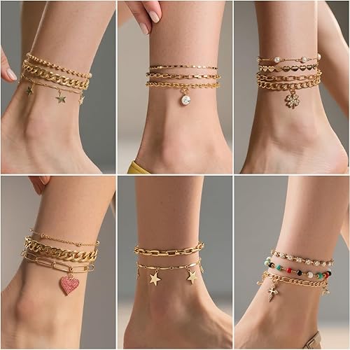 16 Pcs Gold/Silver Anklet Bracelets for Women Cuban Chain Heart-shaped Beads Layered Adjustable Size Beach Daily Party JL-081