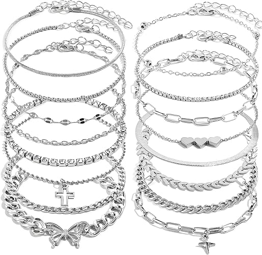 16 Pcs Gold/Silver Anklet Bracelets for Women Cuban Chain Heart-shaped Beads Layered Adjustable Size Beach Daily Party JL-081