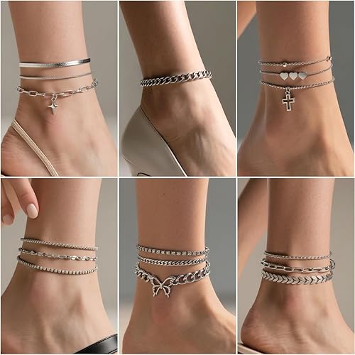 16 Pcs Gold/Silver Anklet Bracelets for Women Cuban Chain Heart-shaped Beads Layered Adjustable Size Beach Daily Party JL-081