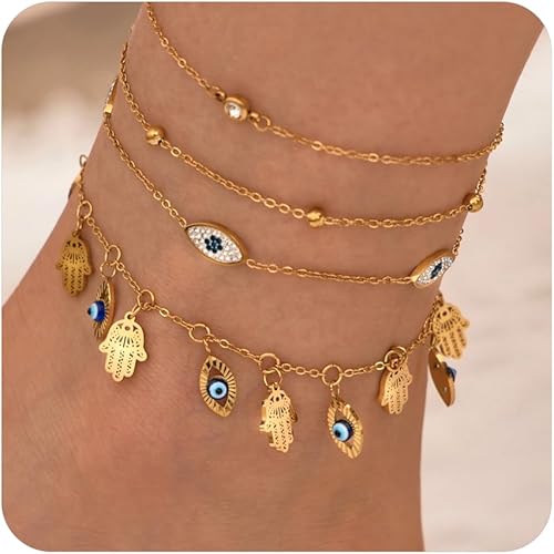 Ankle Bracelets for Women Glitter Waterproof Adjustable Anklet Set for Women 18K Gold Plated Silver Charm Dainty Layered Anklets, Summer Beach Anklet Jewelry for Women JL-082