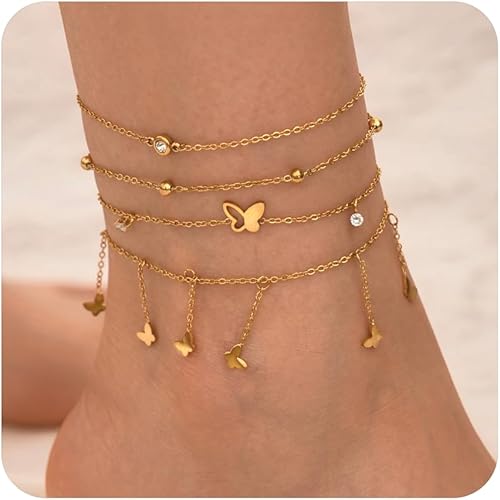Ankle Bracelets for Women Glitter Waterproof Adjustable Anklet Set for Women 18K Gold Plated Silver Charm Dainty Layered Anklets, Summer Beach Anklet Jewelry for Women JL-082