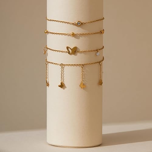 Ankle Bracelets for Women Glitter Waterproof Adjustable Anklet Set for Women 18K Gold Plated Silver Charm Dainty Layered Anklets, Summer Beach Anklet Jewelry for Women JL-082