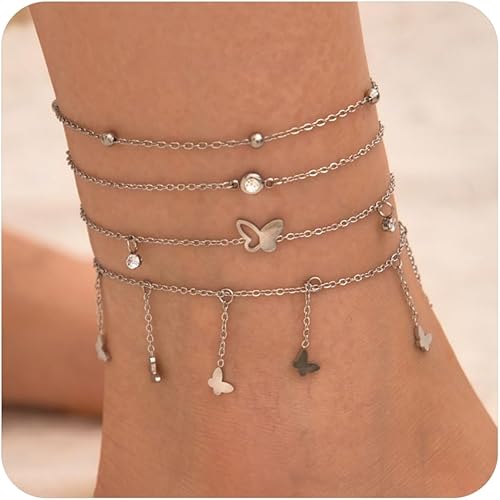 Ankle Bracelets for Women Glitter Waterproof Adjustable Anklet Set for Women 18K Gold Plated Silver Charm Dainty Layered Anklets, Summer Beach Anklet Jewelry for Women JL-082