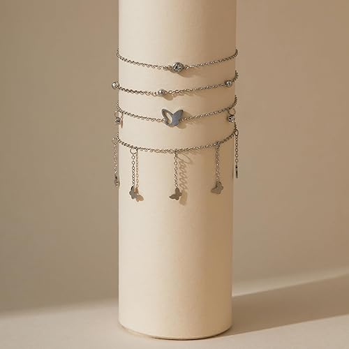 Ankle Bracelets for Women Glitter Waterproof Adjustable Anklet Set for Women 18K Gold Plated Silver Charm Dainty Layered Anklets, Summer Beach Anklet Jewelry for Women JL-082